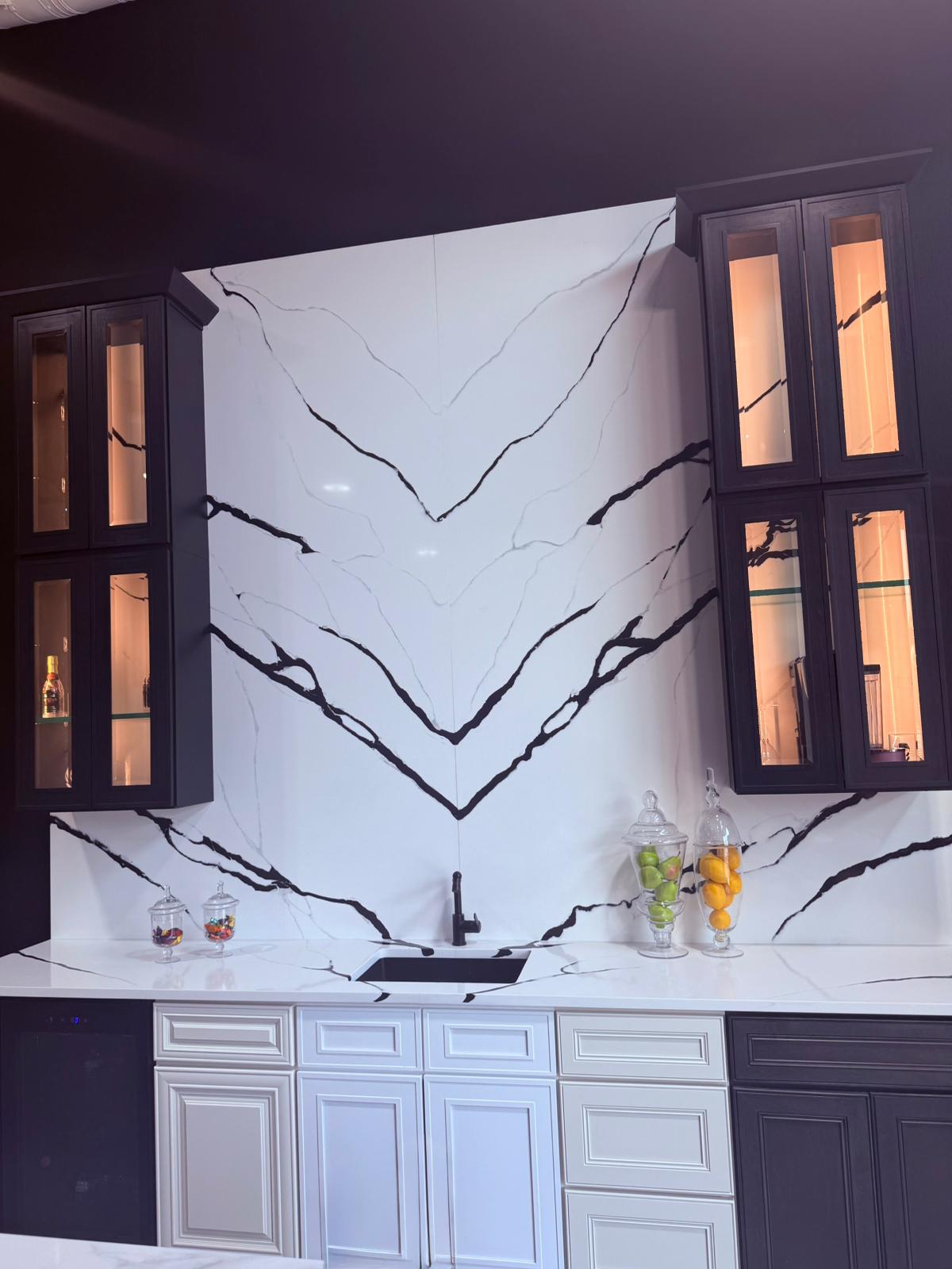 Modern bathroom showroom with decorative wall